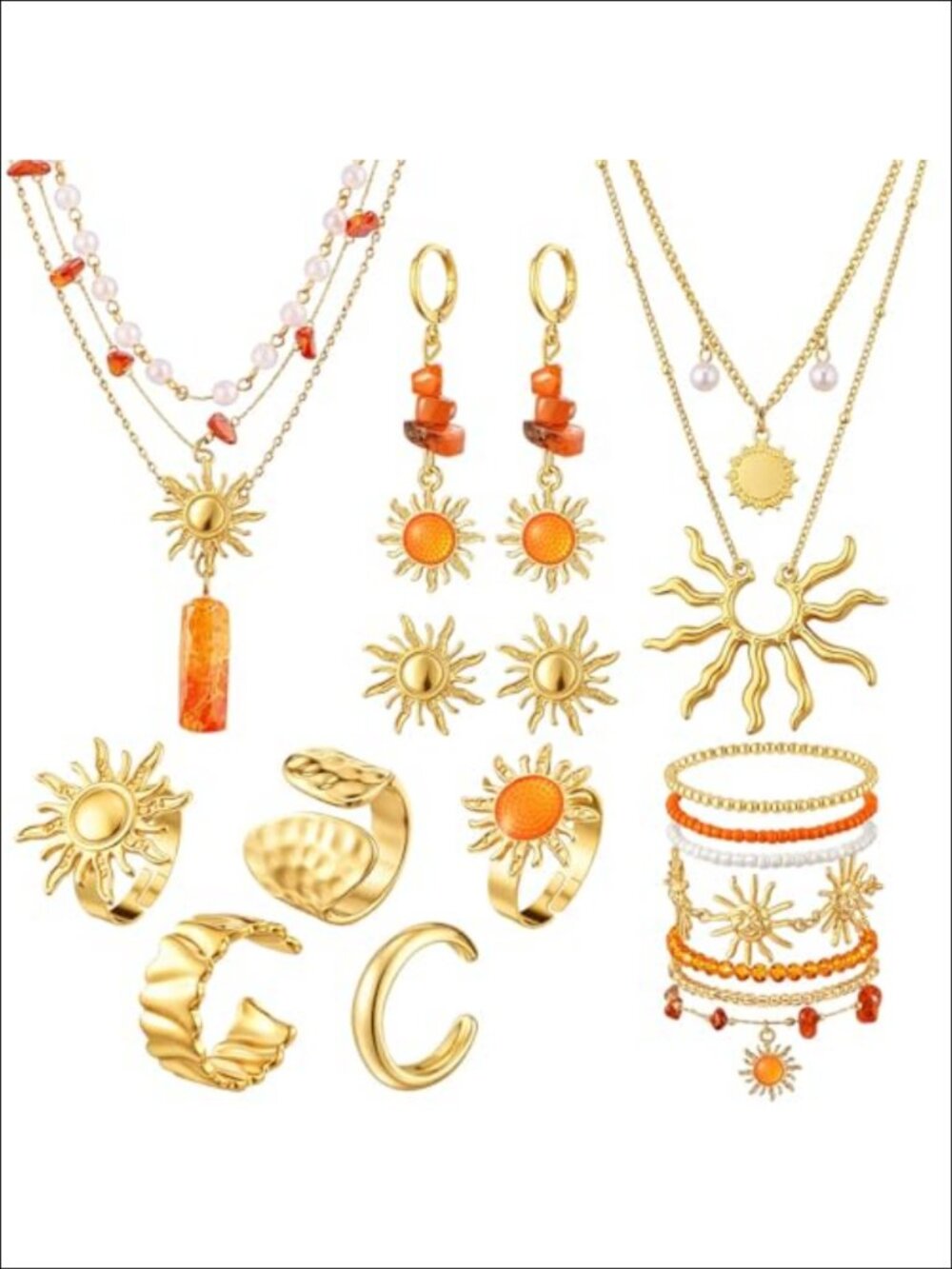 Gold Sun Jewelry Set 16 Pcs Necklaces Rings Earrings Anklet Beach